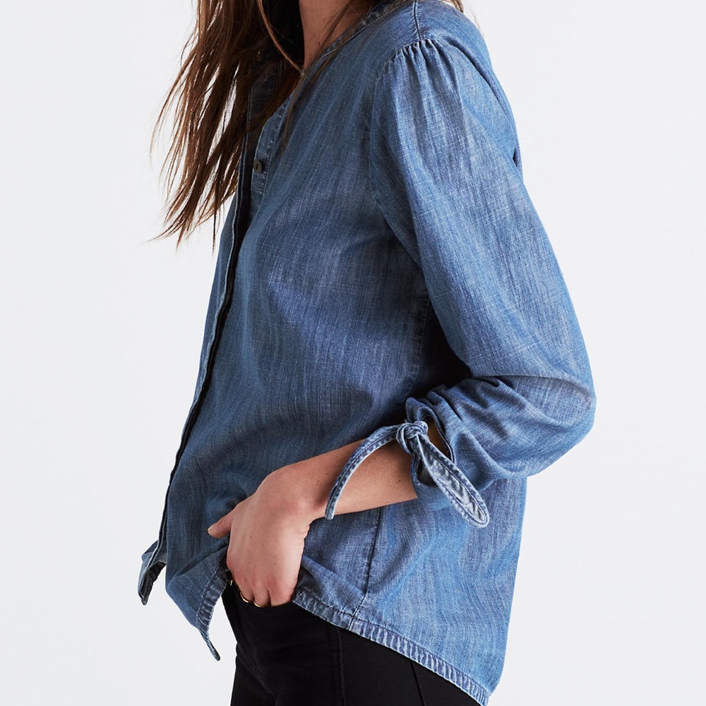 MADEWELL Denim Tie-Sleeve Button down Shirt size XS Soft Denim 100% Cotton - Picture 3 of 16